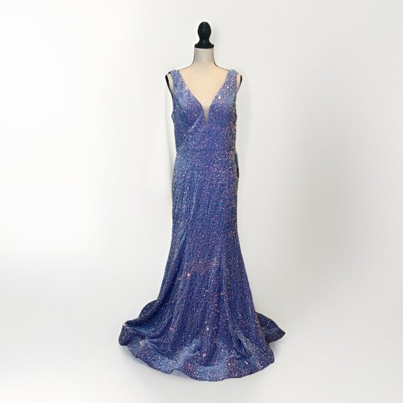 NWT Stacees Dress Women’s 12 Velvet Sequin V-Neck Trumpet/Mermaid Sweep Train - Picture 3 of 11